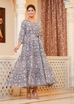Kaajh Women's Grey Ethnic Floral Hand Block Print Cotton Dress - Distacart