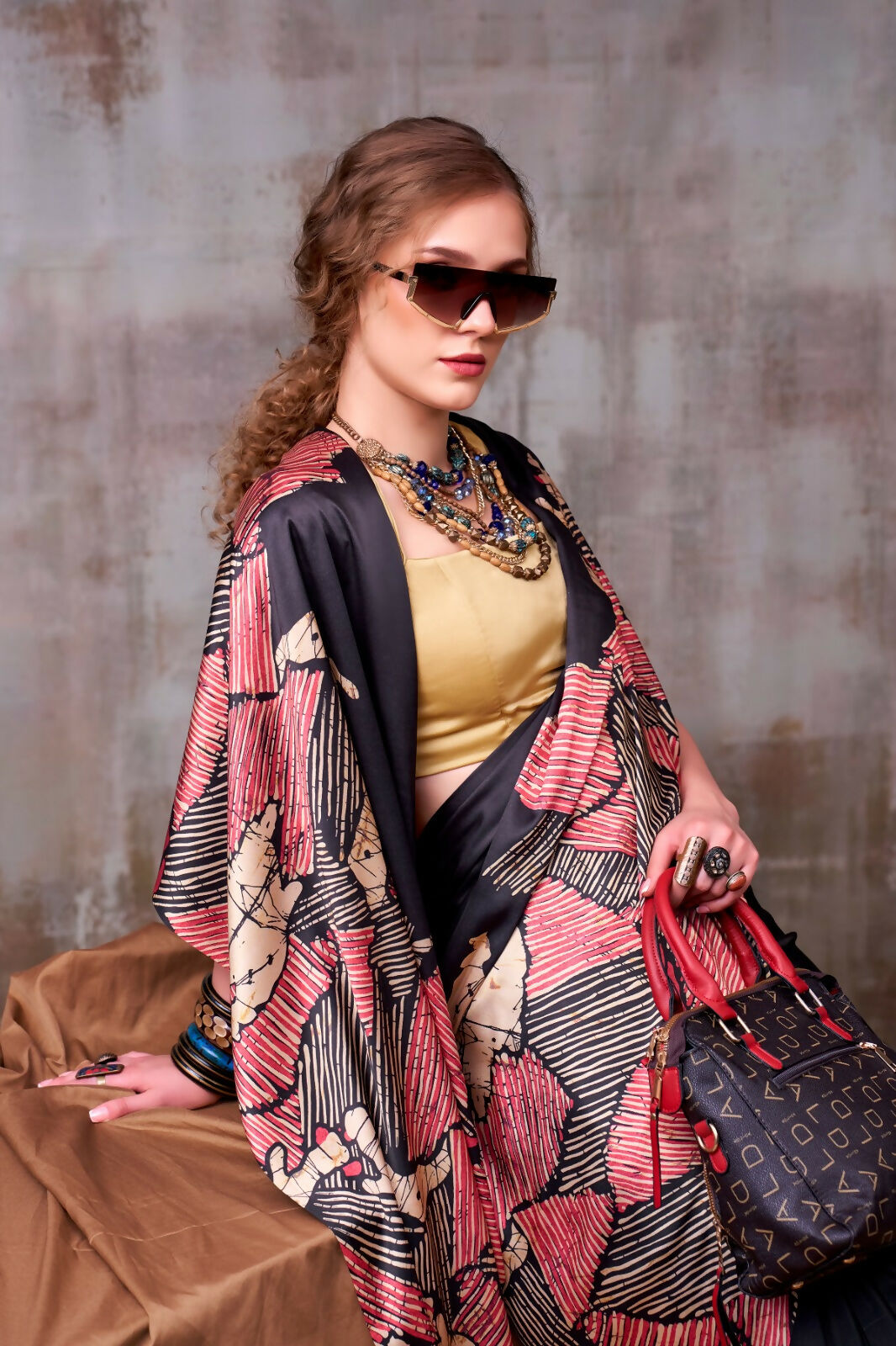 Vastranavya Black Satin Silk Printed Saree with a Natural Silk Unstitched Blouse - Distacart
