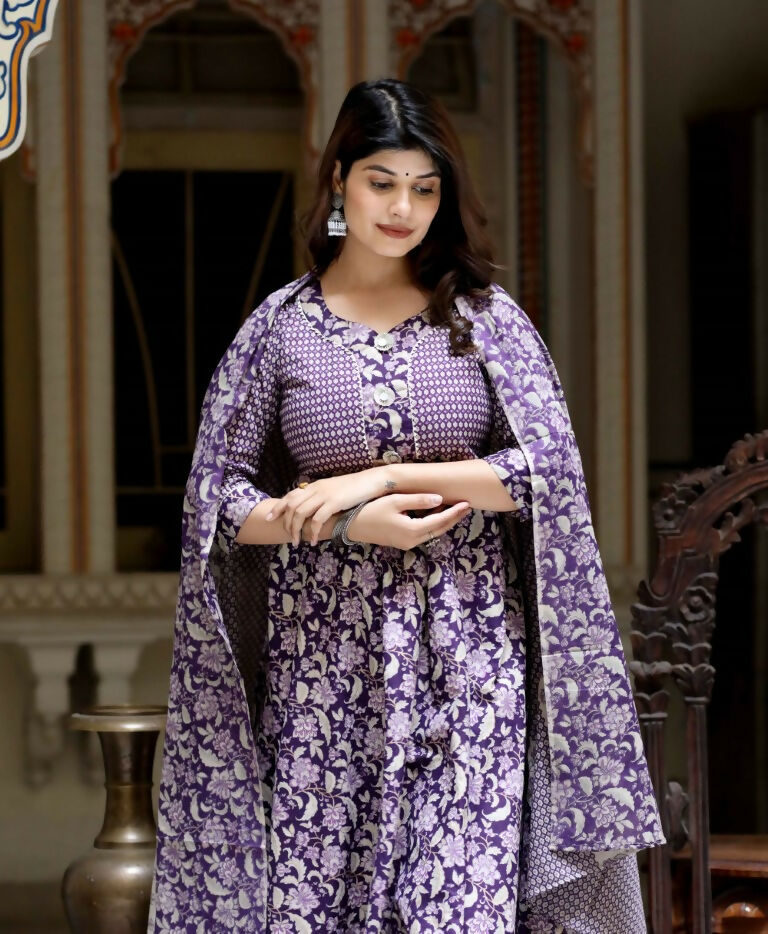 Miravan Women's Flower Printed Blue Anarkali Kurta With Beautiful Border And Dupatta