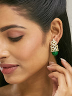 Nuyug 22K Gold-Plated Green Gemstone & Zircon Studded Contemporary Filigree Motif Studs - Distacart