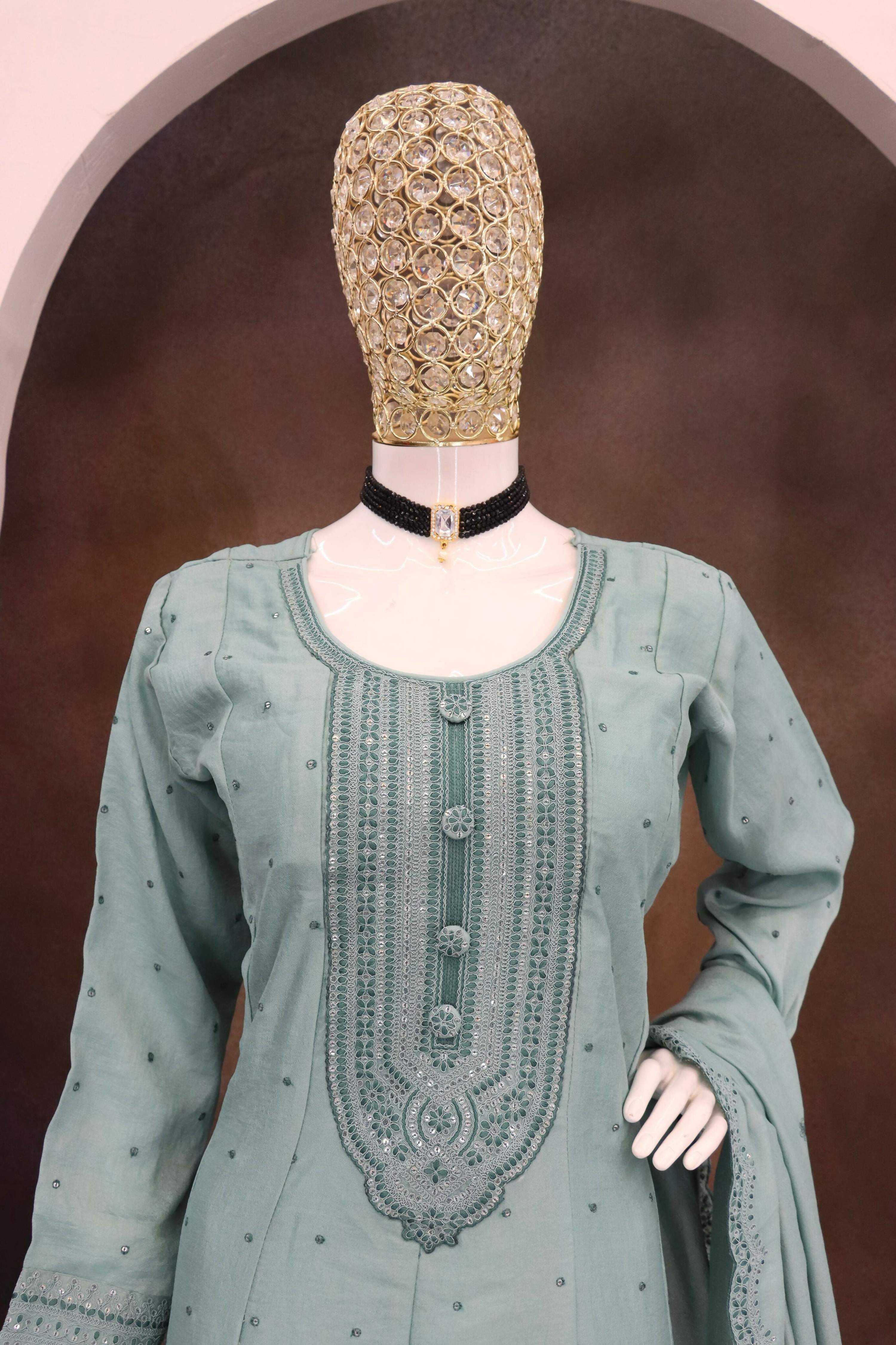 Teeya Creation Teal Color Heavy Vichitra Silk Embroidery Work Long Gown