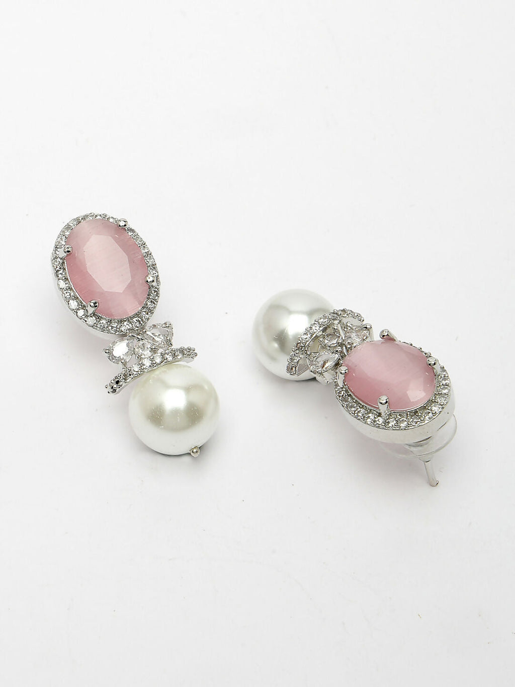 NVR Women's Silver-Plated Pink American Diamond Studded Handcrafted Jewellery Set
