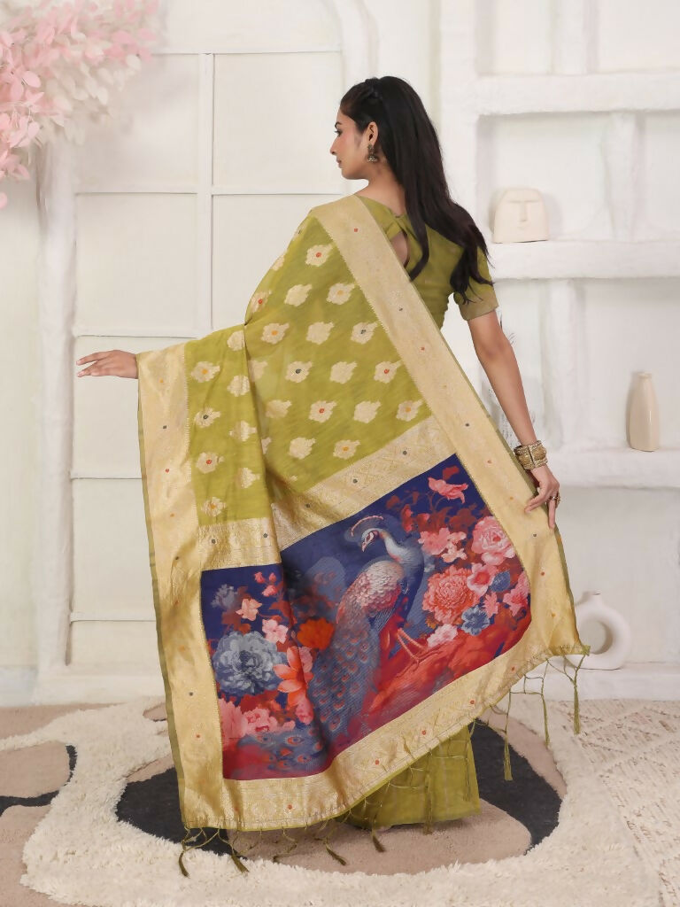 Shree Shyam Fashion Linen Cotton Mhendi Green Saree - Distacart
