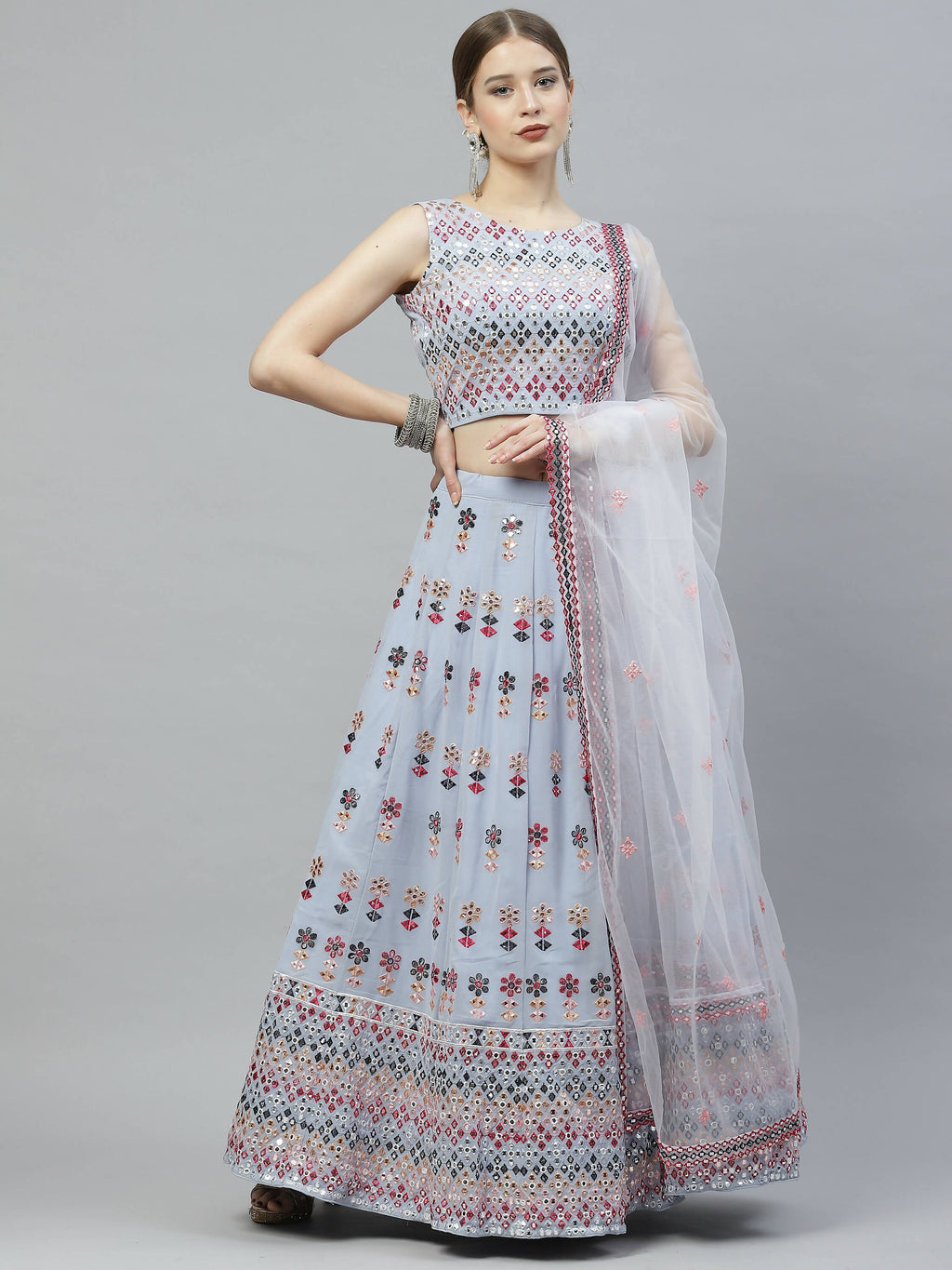 Sky Blue Georgette Heavy Embroidery mirror Work Lehenga Choli with Dupatta - Jivika
