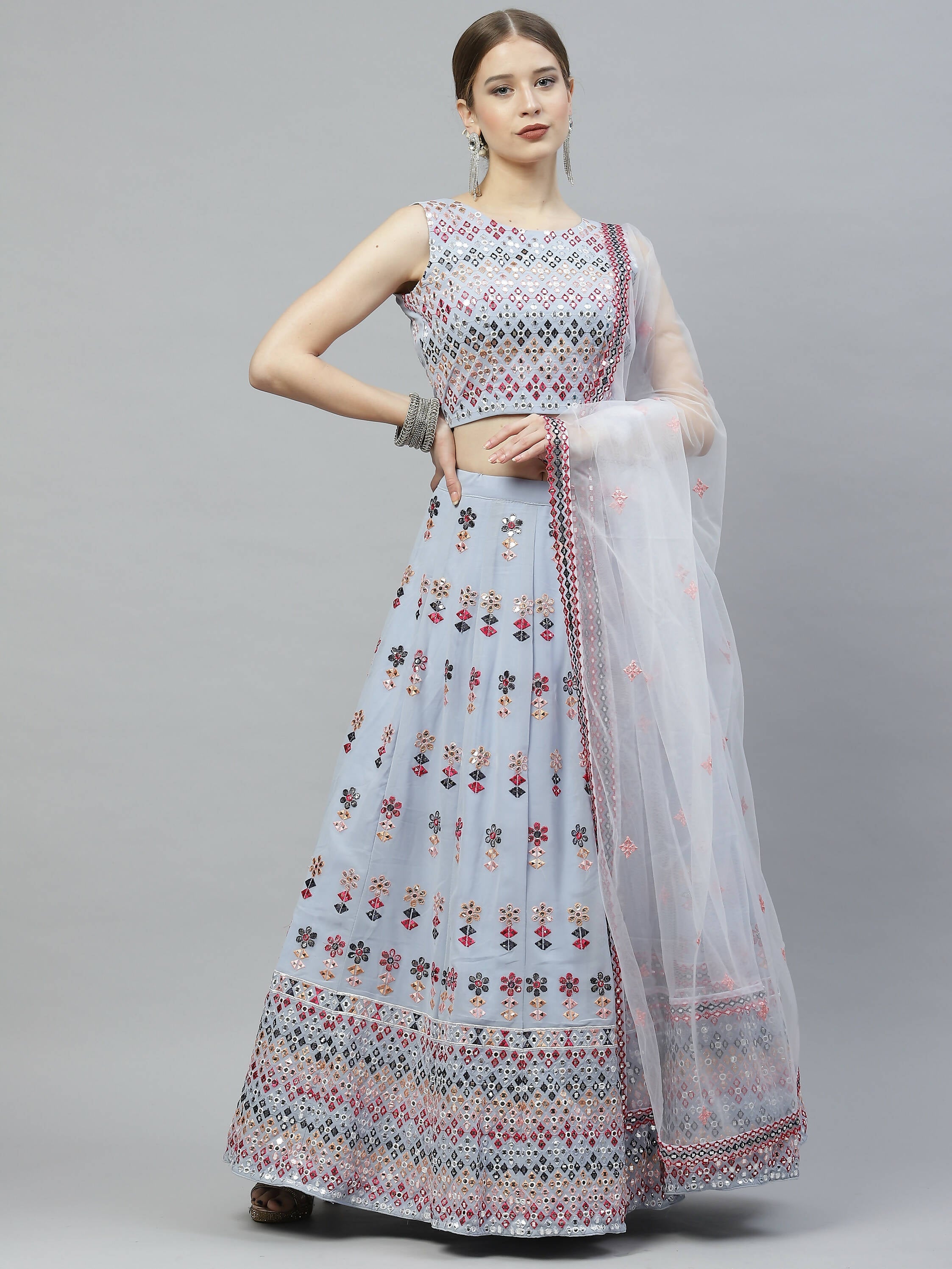 Sky Blue Georgette Heavy Embroidery mirror Work Lehenga Choli with Dupatta - Jivika