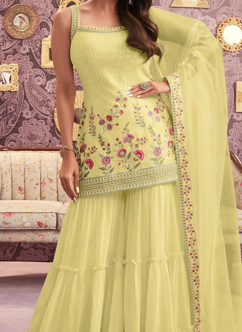 Vastranavya Malaika Arora Cream Georgette Embroidered Sequins Palazzo Suit
