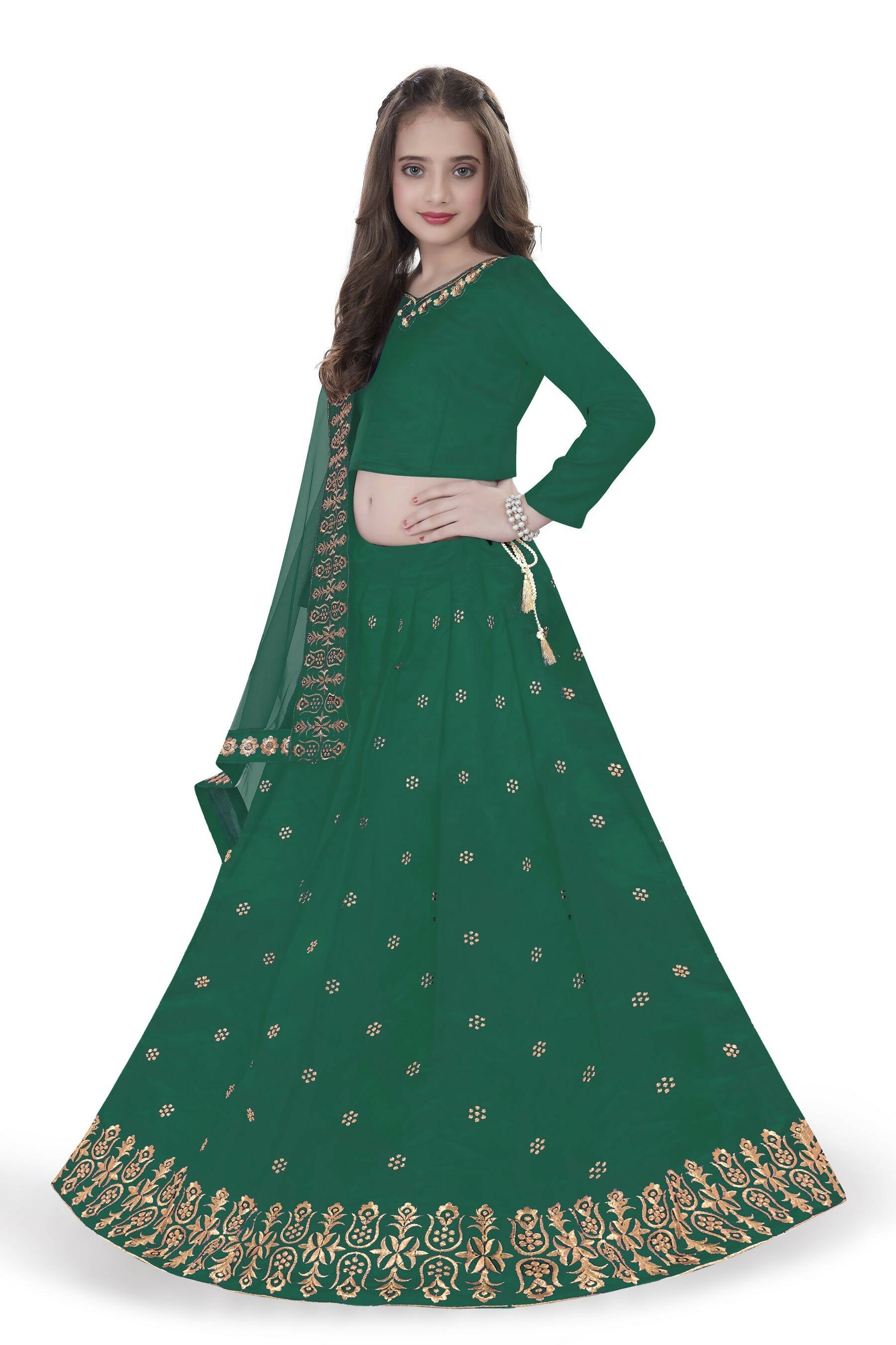Dwiden Green Queen Tafetta Sattin Semi-Stitched Girl's Lehenga Choli