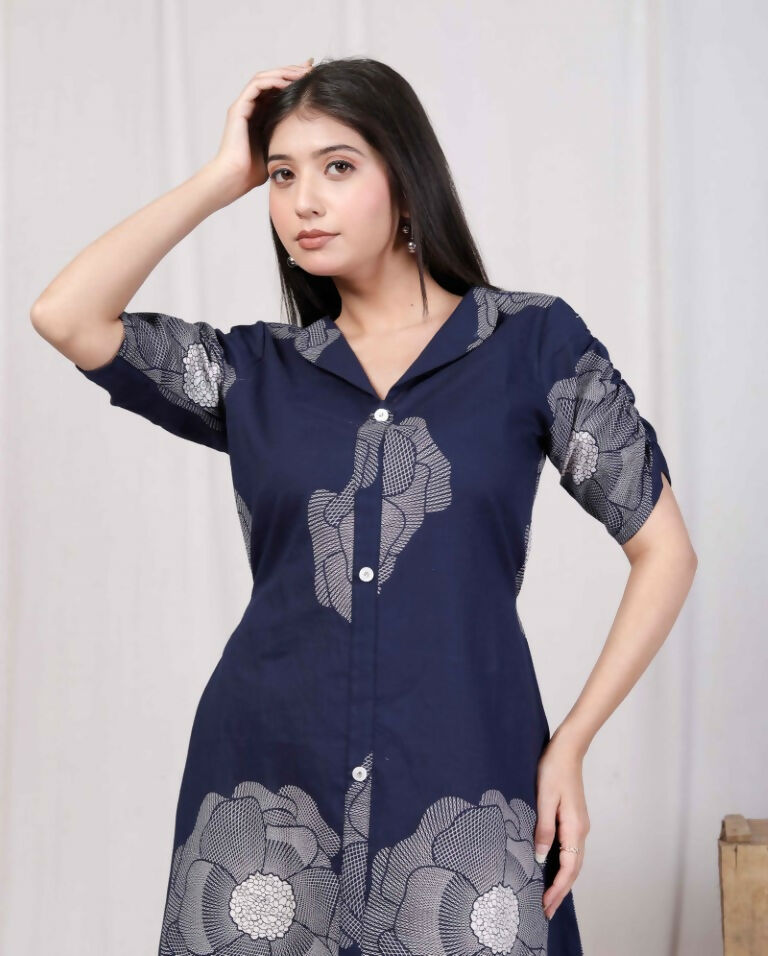 Miravan Women's Blue Floral Printed Front Buttoned A-Line Maxi Dress
