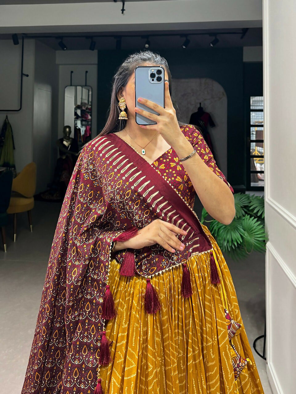 Vastranavya Bandhej And Ajarakh Print Tussar Silk Lehenga Choli - Mustard