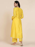 Cheera Women's Yellow Silk Blend With Gota Work Double Layer Dress With Silk Straight Pant Set