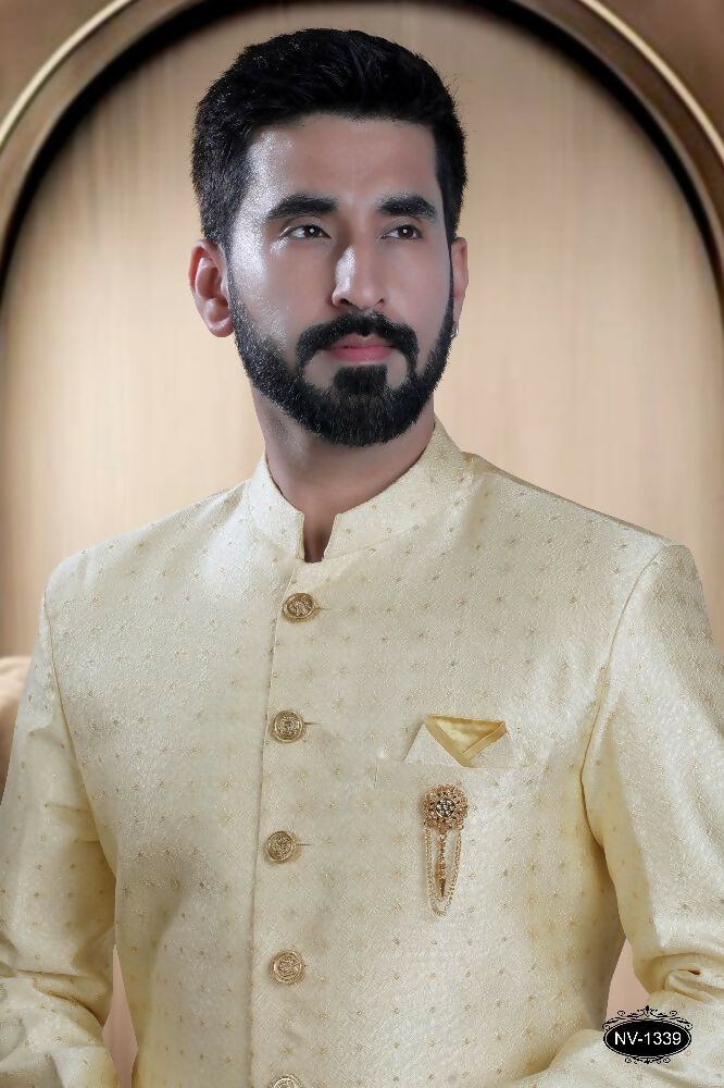 Joban Fashion Men's Cream Brocade Kurta with Pyjama