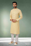 Raivat Ethnic Cotton Printed Work Kurta Pajama In Lemon Yellow Colour