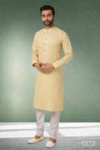 Raivat Ethnic Cotton Printed Work Kurta Pajama In Lemon Yellow Colour