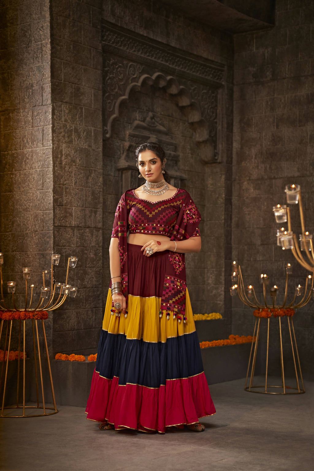 Multi Color Viscose Rayon Thread Embroidered Navratri Lehenga Choli with Dupatta - Raas