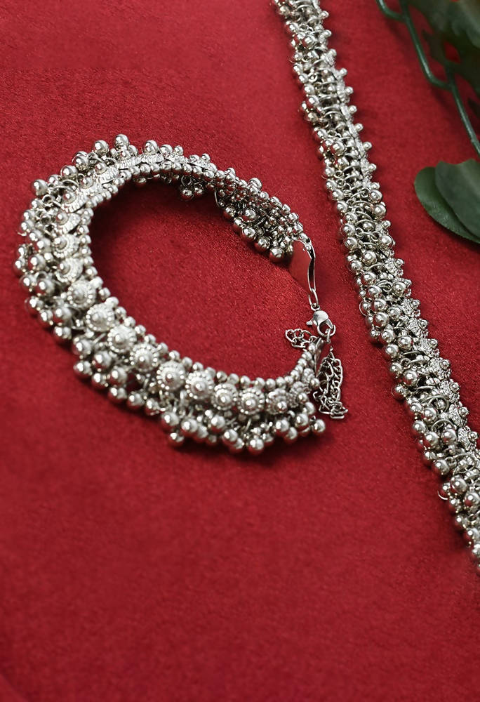 Mominos Fashion Kamal Johar Oxidised Heavy Silver Anklets