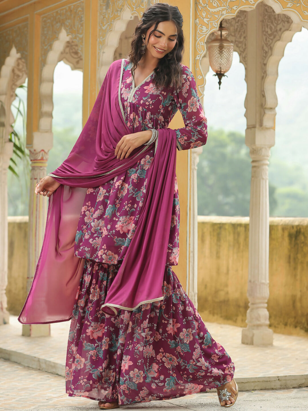 Janasya Purple Georgette Floral Kurta,Bottom & Dupatta