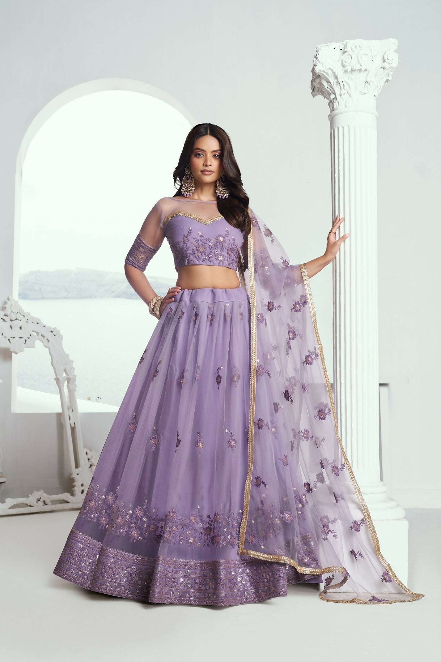 Eilara Elegance Lavender Net With Embroidered And Thread Zari Sequence Function Wear Lehenga Choli