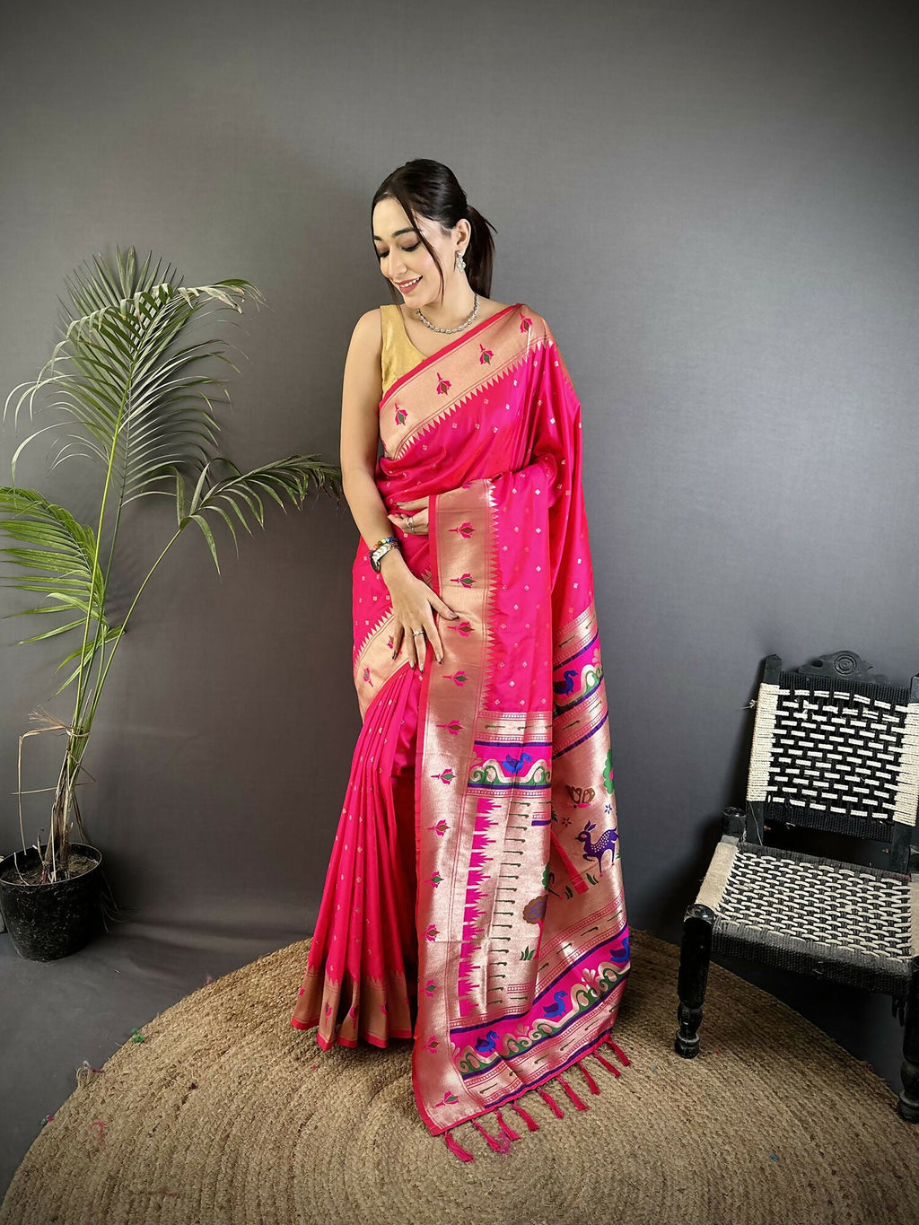 Joban Fashion Rani Pink Peacock & Floral Motifs Soft Lichi Silk Kanchipuram Saree - Distacart