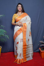 Jyoti Fashion Women's Orange Linen Silk Digital Print with Jacquard Woven Border Saree with Blouse