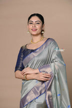 Very Much Indian Rajsi - Handloom Ari Checks Cotton Silk Saree With Golden Border - Grey