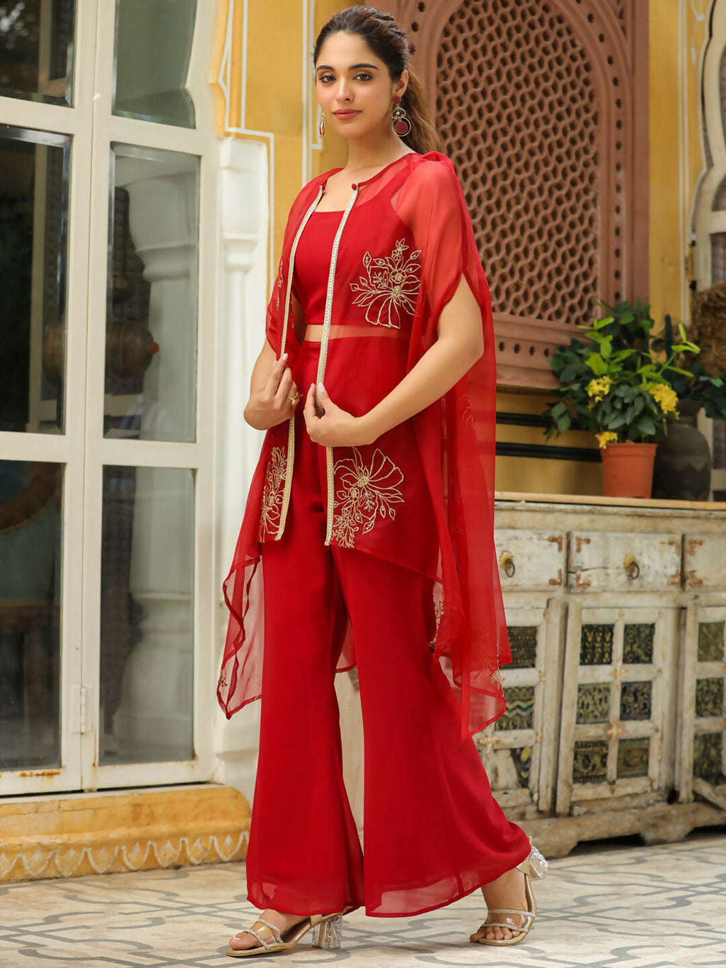 Janasya Maroon Georgette Solid Top Bottom Cape