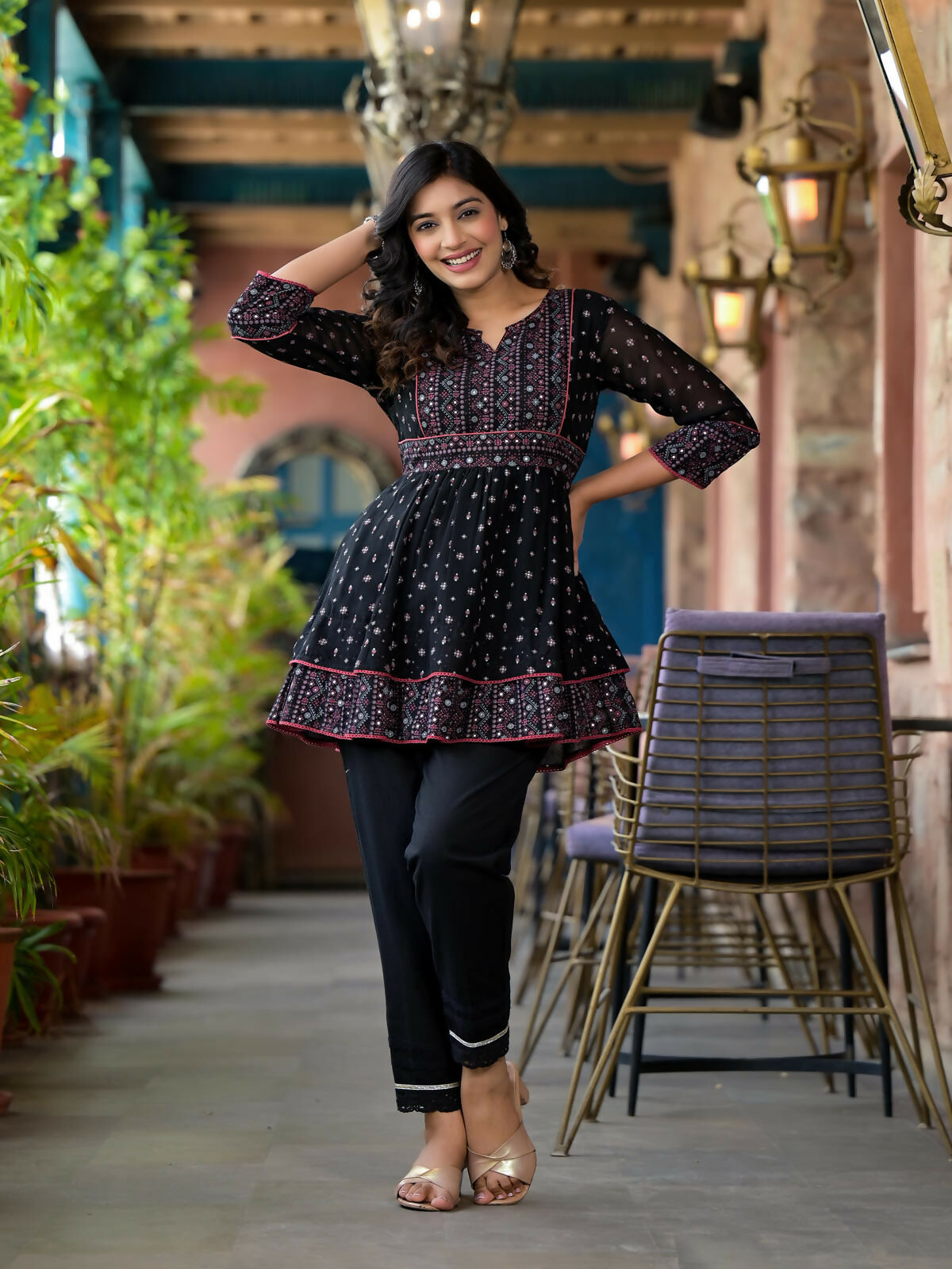 Juniper Women's Black Ethnic Motif Printed Georgette A Lined Tunic