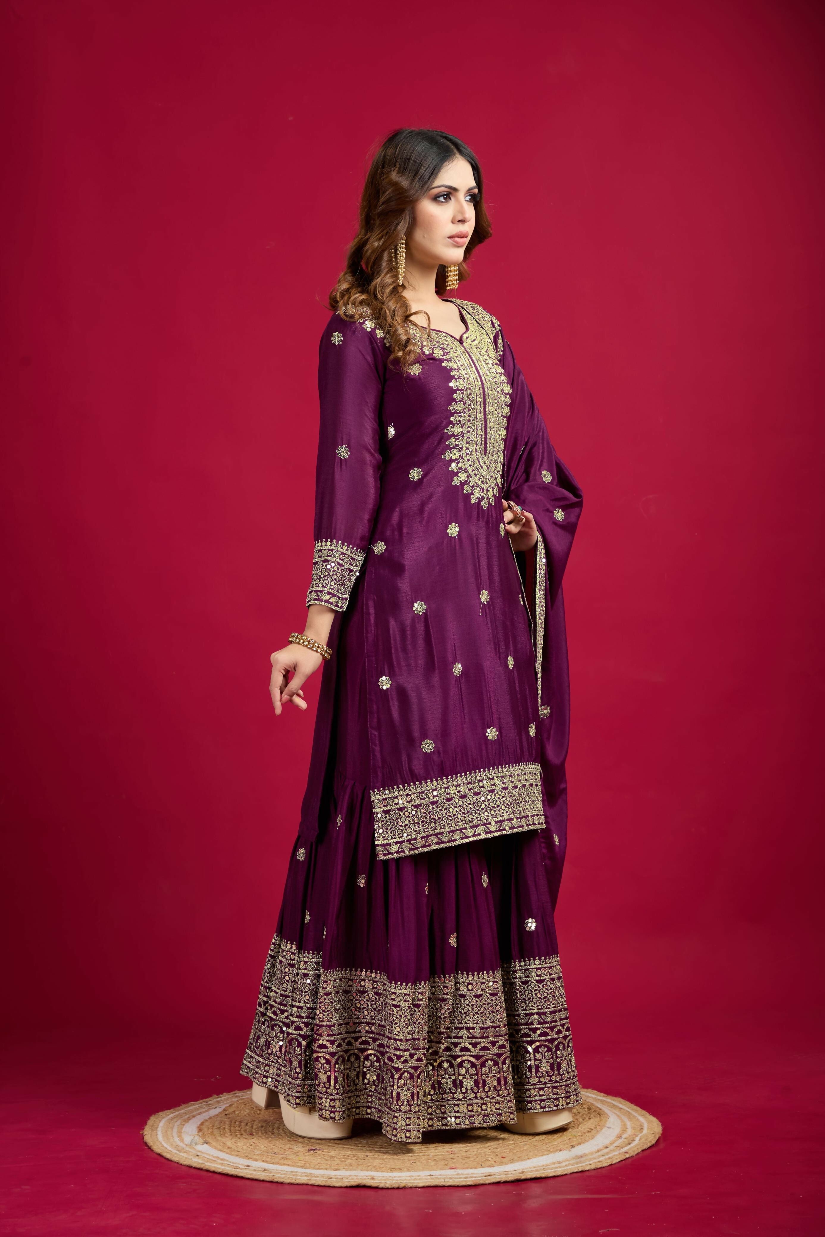 Joban Fashion Violet Kurta Set Silk Sequins , Zari, Coding & Thread Embroidered work - Distacart