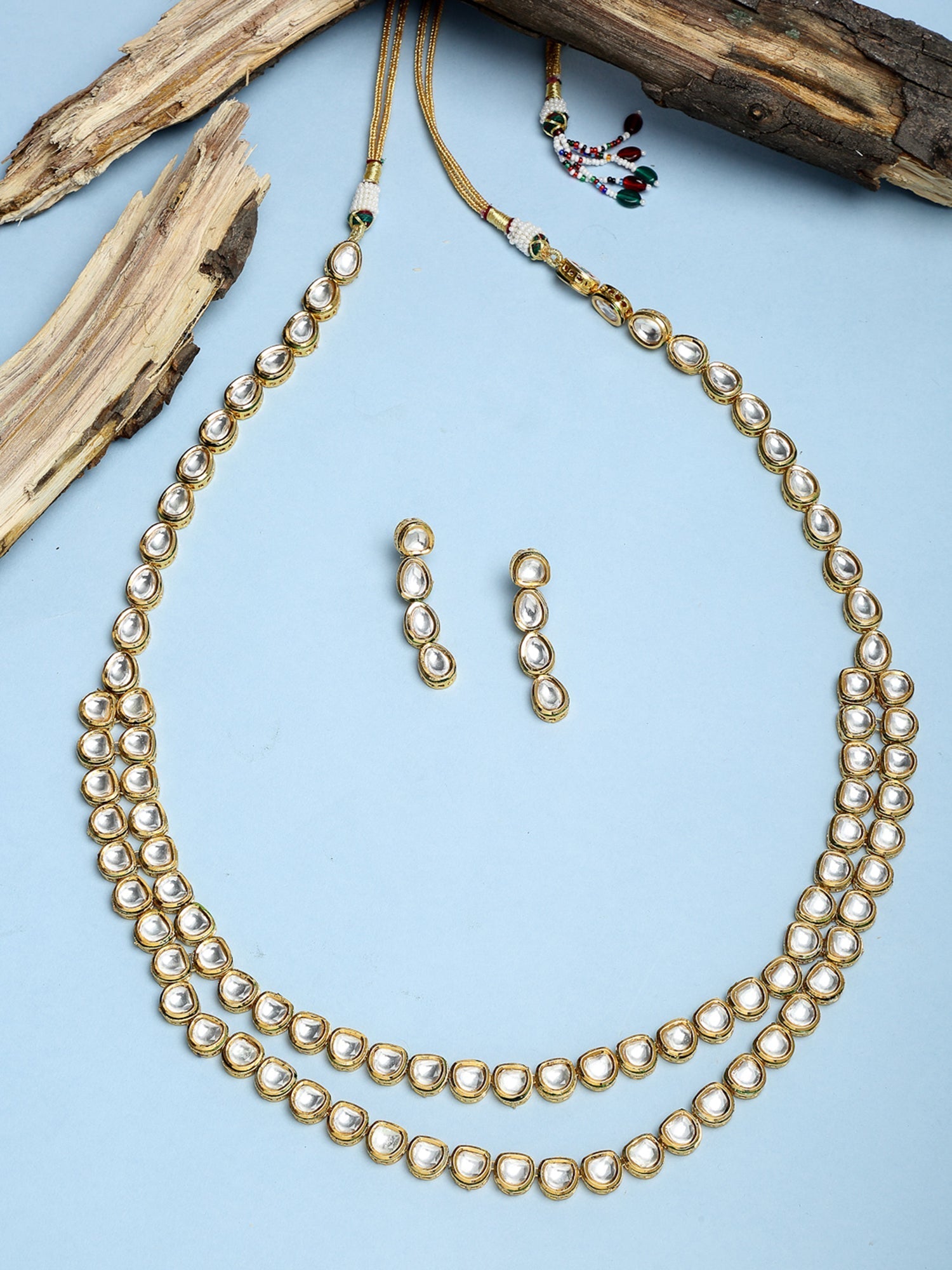 Gold Plated Long Kundan Neckpiece With Earrings - Ruby Raang - Distacart