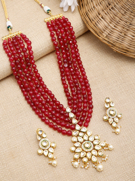 Gold-Polished Maroon Kundan Studded Beaded Jewellery Set - Ruby Raang