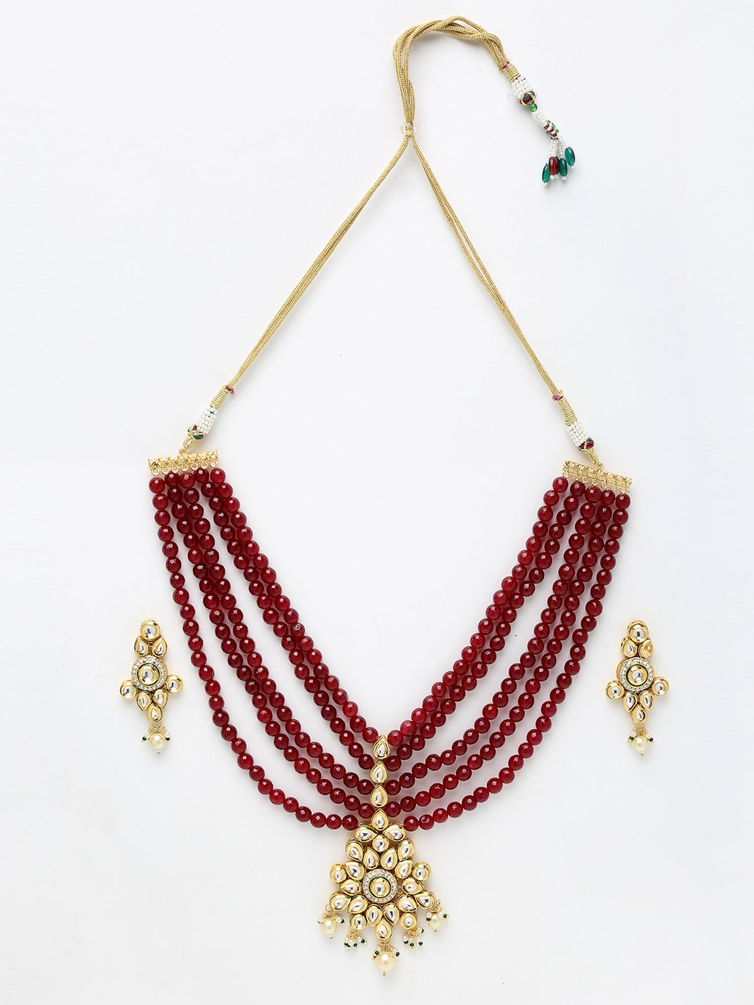 Gold-Plated Maroon Kundan Studded Beaded Jewellery Set - Ruby Raang - Distacart