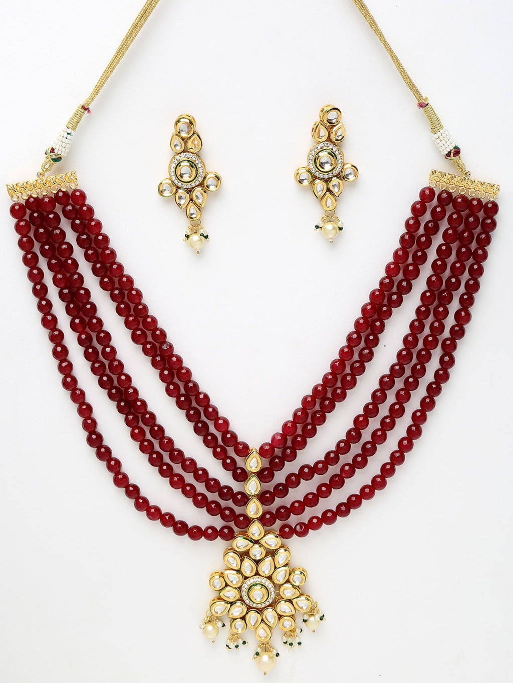 Gold-Plated Maroon Kundan Studded Beaded Jewellery Set - Ruby Raang - Distacart