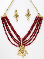 Gold-Plated Maroon Kundan Studded Beaded Jewellery Set - Ruby Raang - Distacart