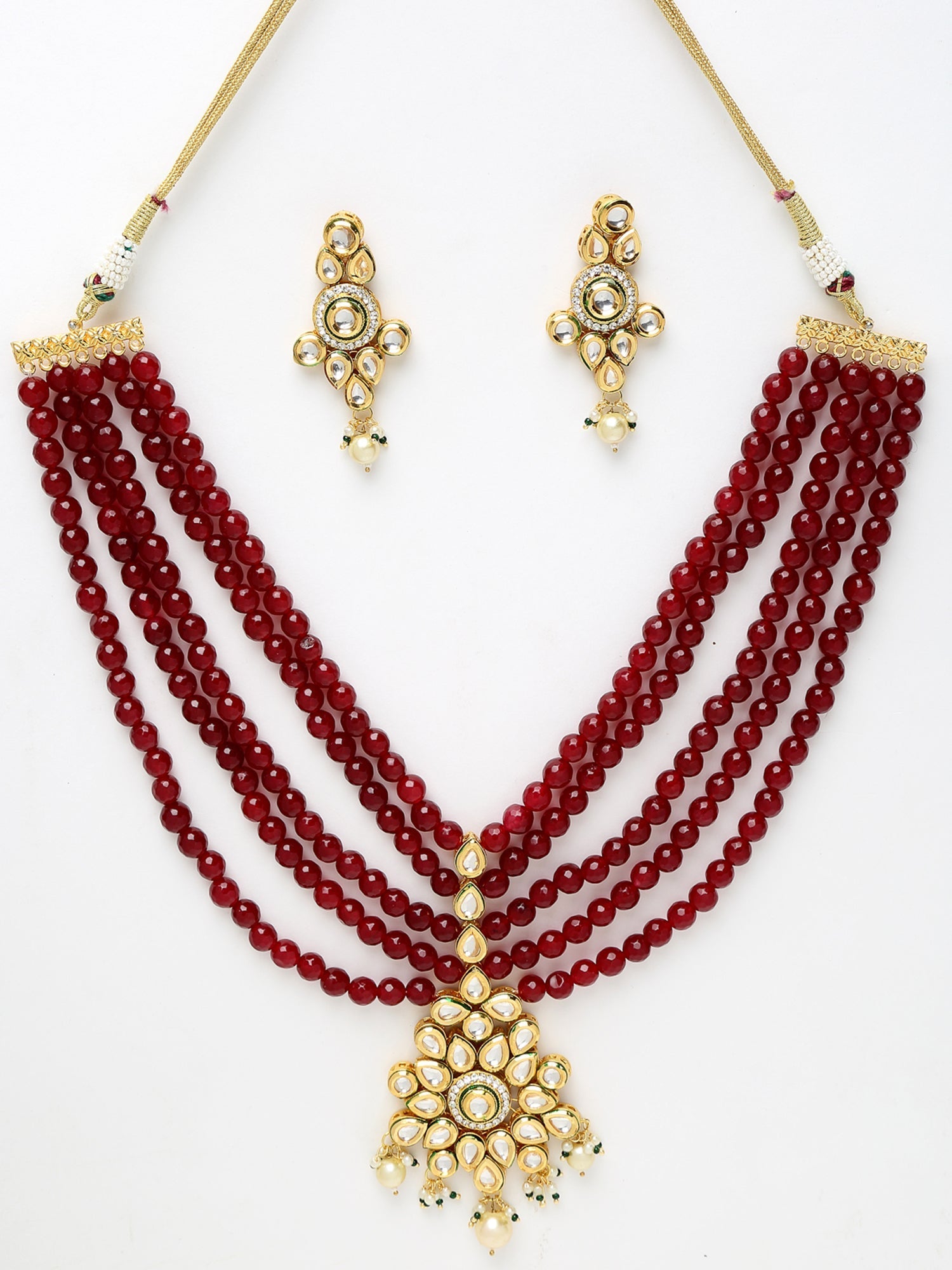 Gold-Plated Maroon Kundan Studded Beaded Jewellery Set - Ruby Raang - Distacart