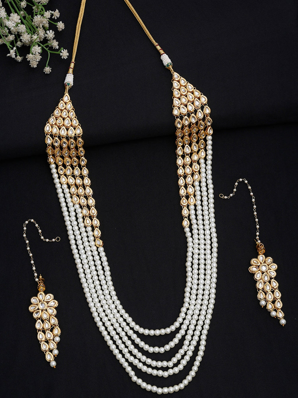 Layered Pearl Kundan Neckpiece With Earrings - Ruby Raang - Distacart
