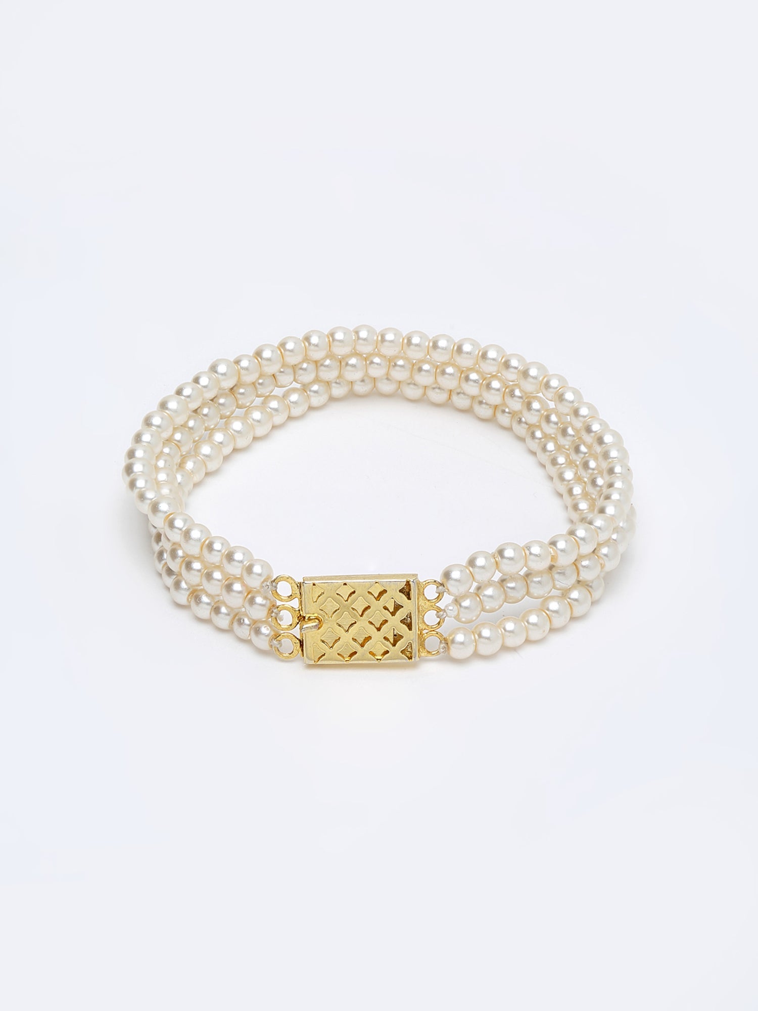 Women's Gold-Toned White Pearls Gold-Plated Multi-Strand Bracelet - Ruby Raang - Distacart