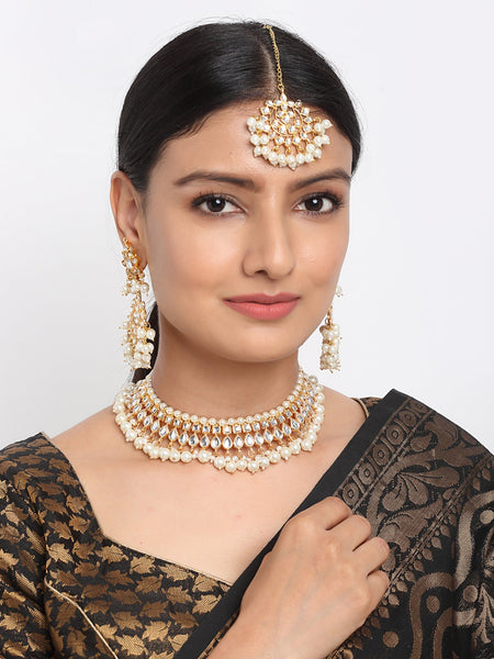 Gold-Polished Kundan Choker With Earrings & Maang Tika - Ruby Raang