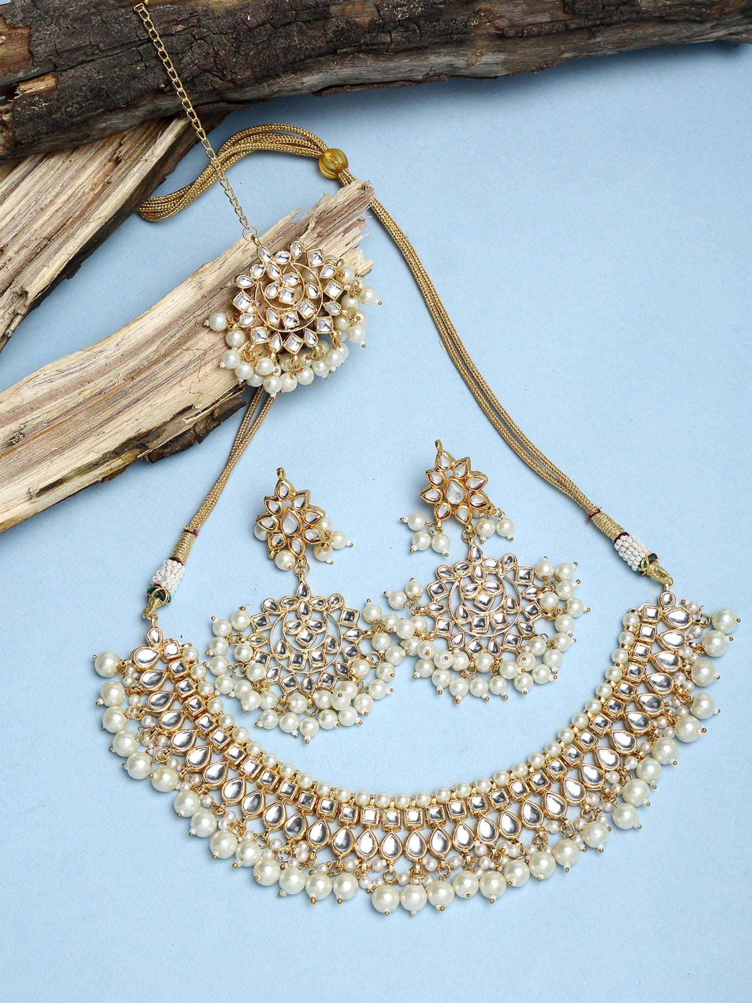 Gold Plated Kundan Choker With Earrings & Maang Tika - Ruby Raang - Distacart