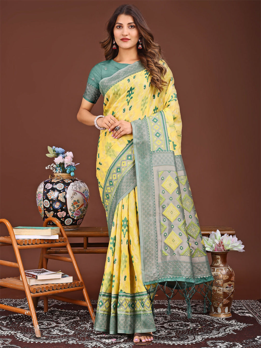Shree Shyam Fashion Linen Cotton Yellow Saree - Distacart