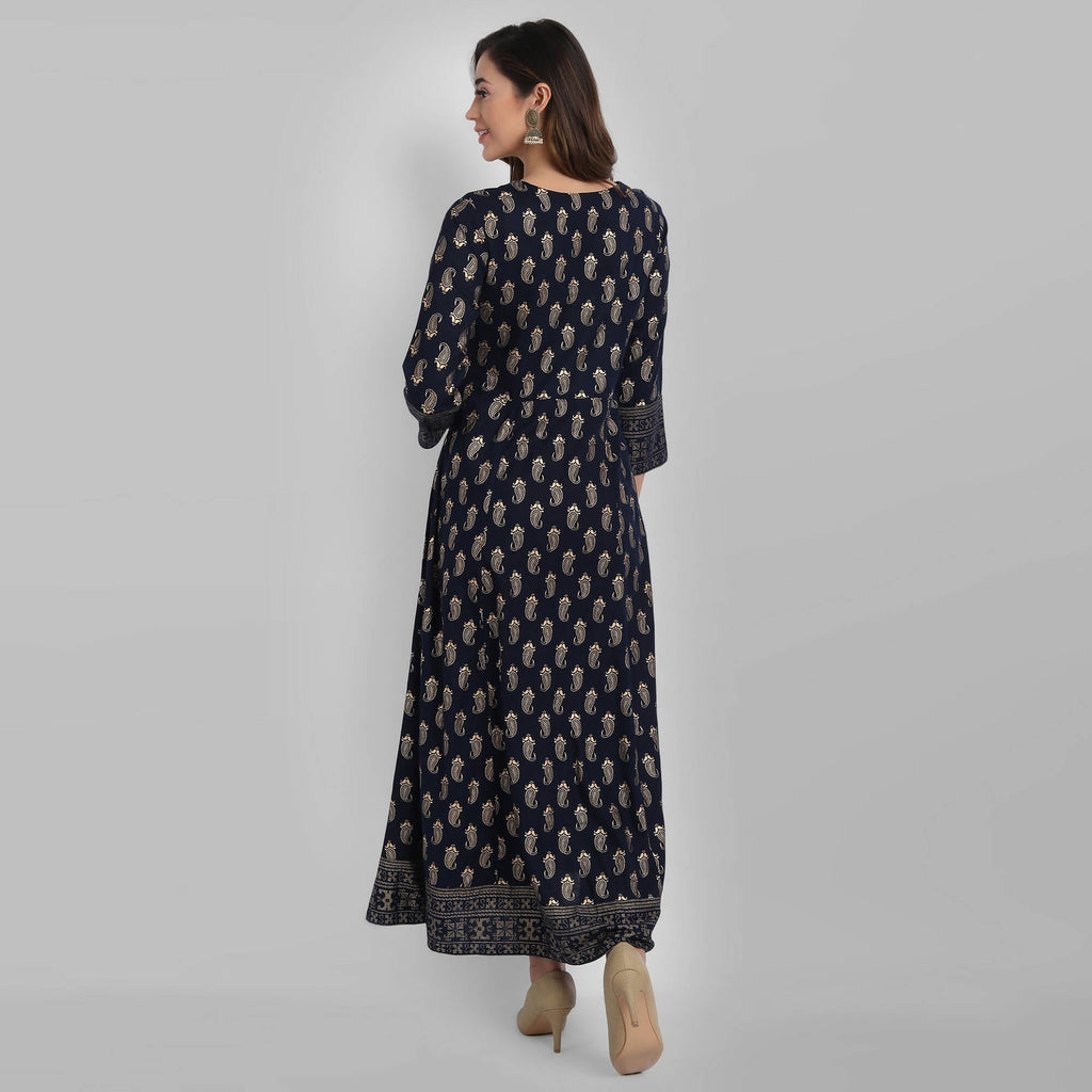 Juniper Women's Navy Rayon Printed Flared Dress - Distacart