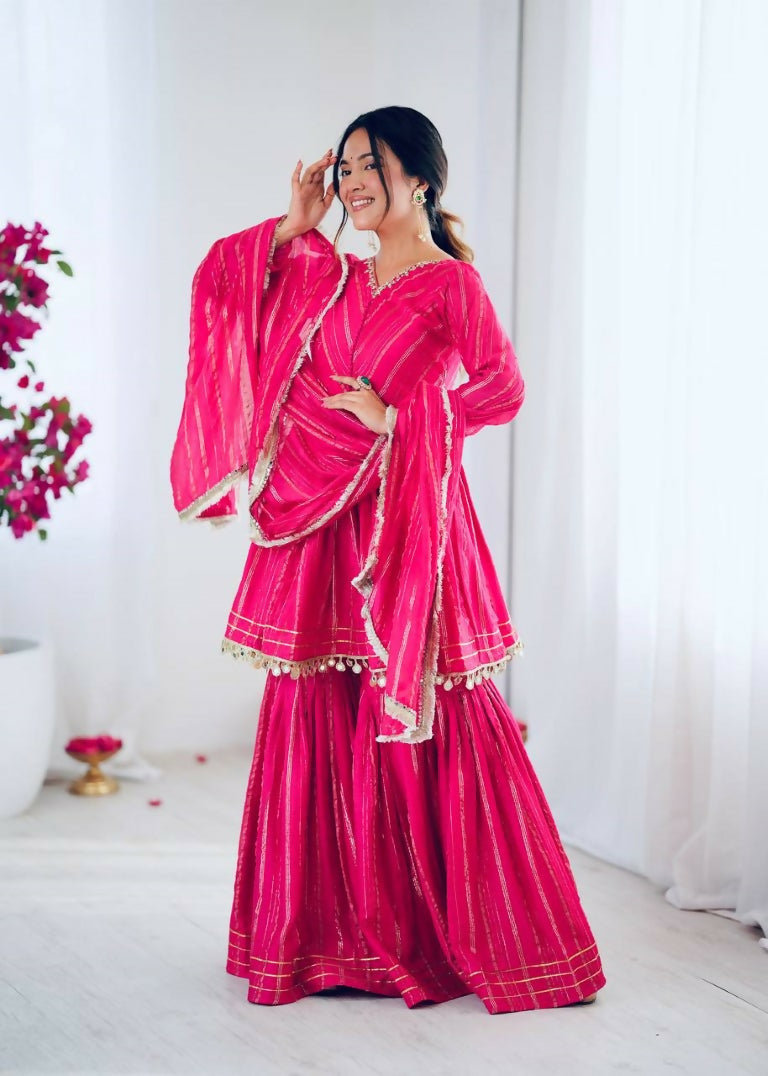 Teeya Creation Pink Color Mal Chanderi Silk Mirror Work And Hand Work Sharara set - Distacart