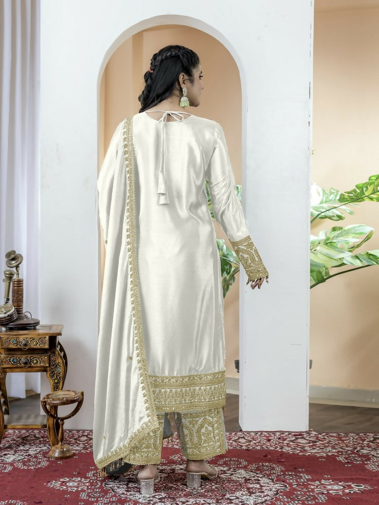 Teeya Creation White Color Chinnon Silk Embroidery Work Fully Stitched Salwar Suit - Distacart