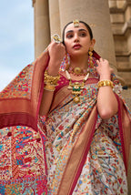 Salmon Pink & White Superior V.P.Silk Woven Printed Patola Silk Saree - Rewaa Milano