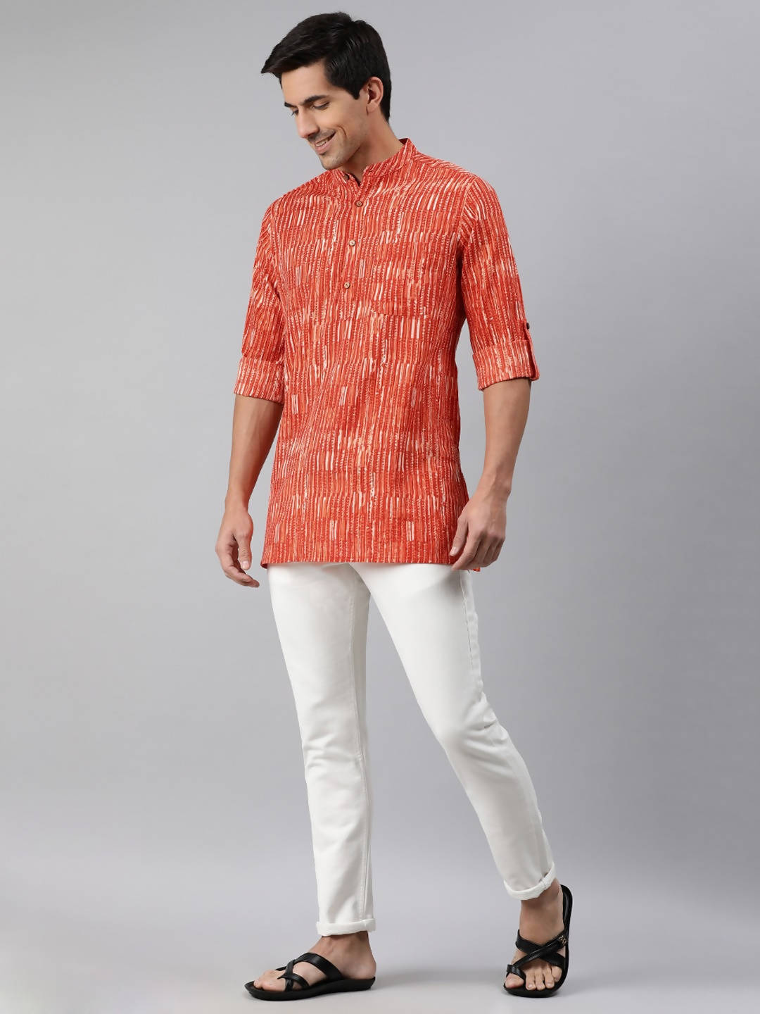 Janasya Men Orange & White Striped Kurta - Distacart