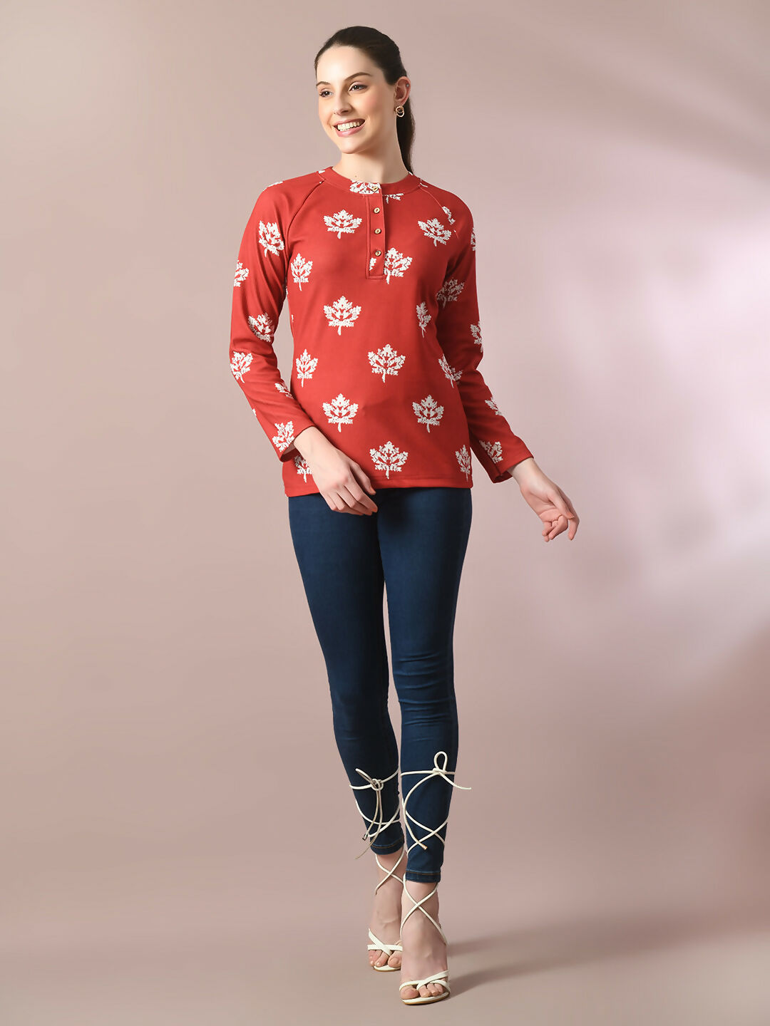 Myshka Women's Rust Embellished Raglan Sleeve Party Top
