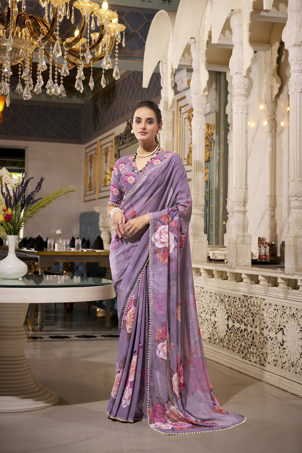 Vastranavya Grey Spectacular Georgette Printed with Pearl Lace Saree with Unstitched Blouse - Distacart