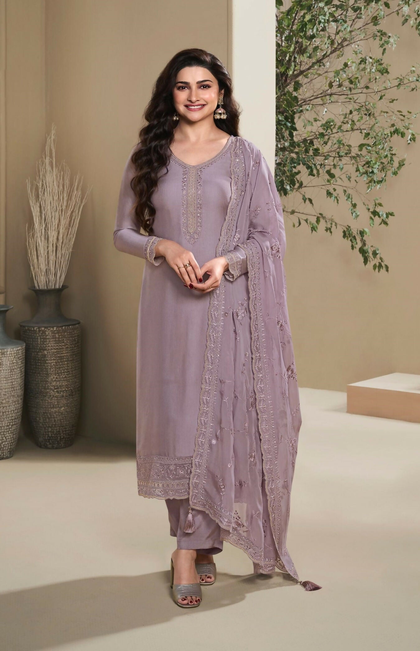 Anaita Purple Heavy Natural Crepe Stitched Suit with Embroidery & Zarkhan Work - Distacart