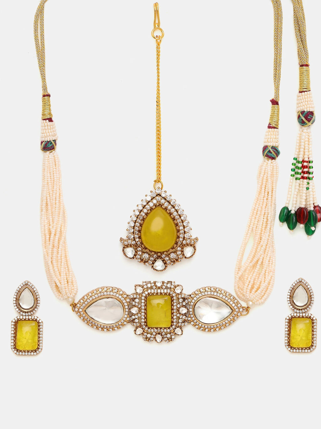 Ruby Raang 22k Gold Polished Green Stone And Moissanite Necklace With Matching Earrings And Maang Tikka