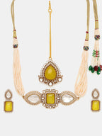Ruby Raang 22k Gold Polished Green Stone And Moissanite Necklace With Matching Earrings And Maang Tikka