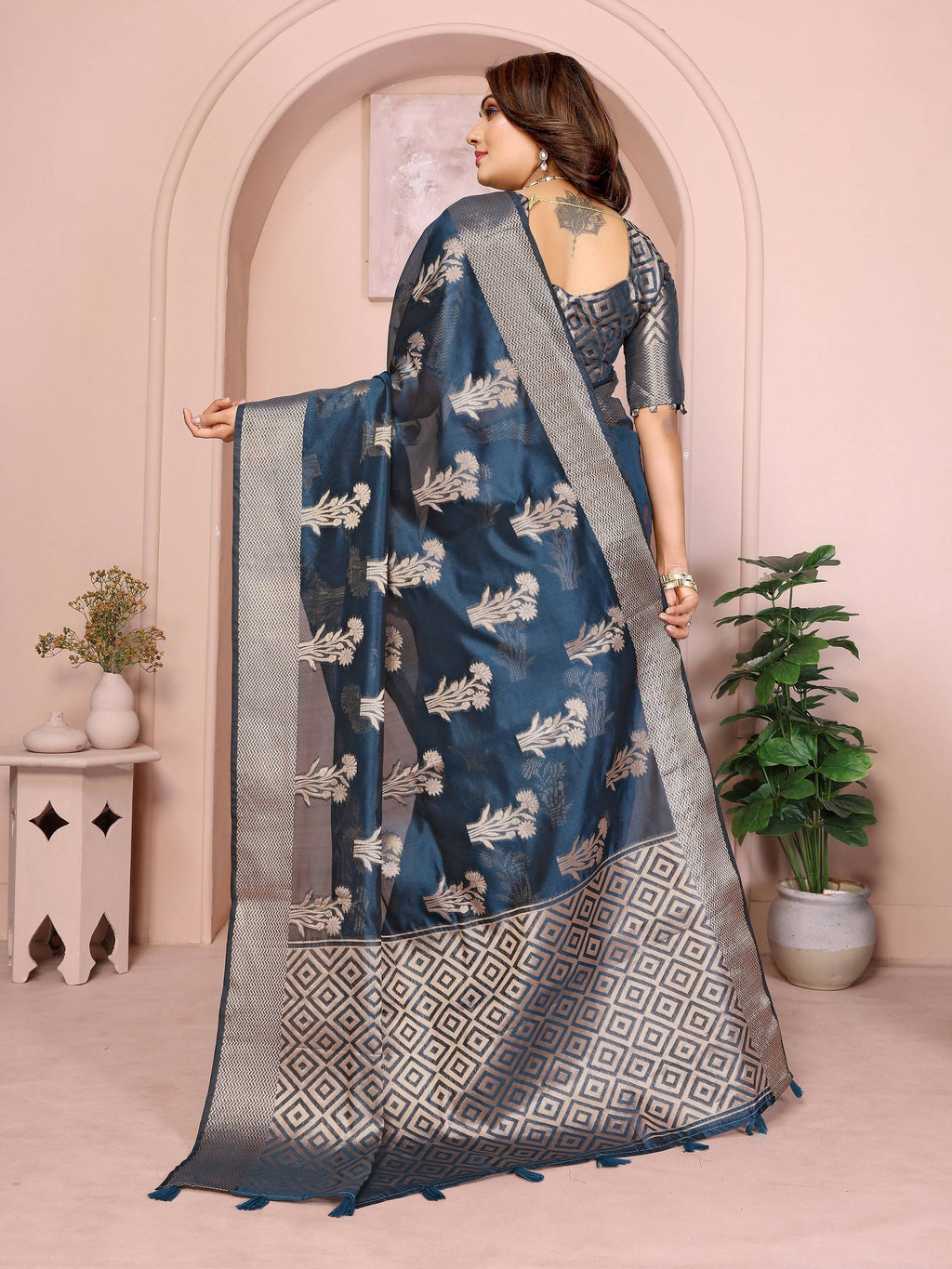 Aastha Fashion Teal Soft Organza Silk Weaving Saree - Distacart