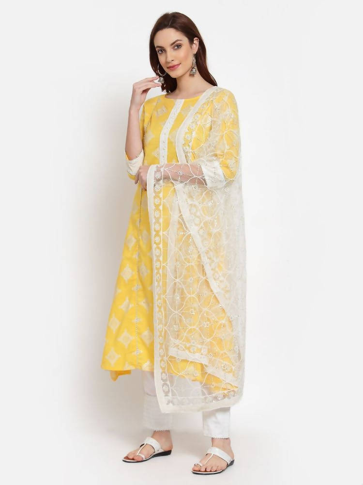 Myshka Women's Yellow Printed Cotton 3/4 Sleeve Round Neck Casual Kurta Pant Dupatta Set